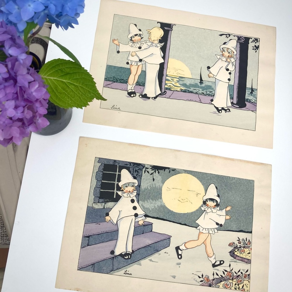 Vintage French Art Deco Pochoir original pen and ink baby Kewpie clown prints